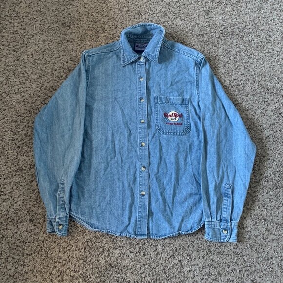 Hard Rock Cafe Lake Tahoe Denim Button-Up Shirt With Embroidered Logo & Guitars - Picture 1 of 7